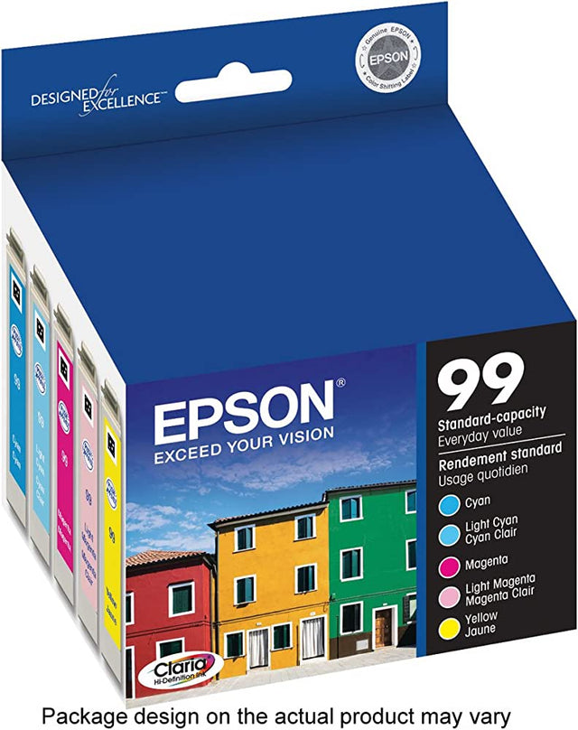 Original Epson T099 Cyan, Light Cyan, Magenta, Light Magenta & Yellow Ink Cartridges-5 Pack