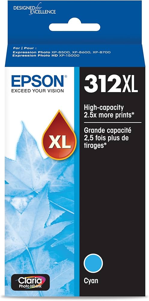 Original Epson 312XL High-Yield Cyan Ink Cartridge, T312XL220