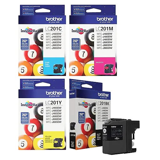 New Genuine Brother LC201 Black, Cyan, Magenta, Yellow Ink Cartridges